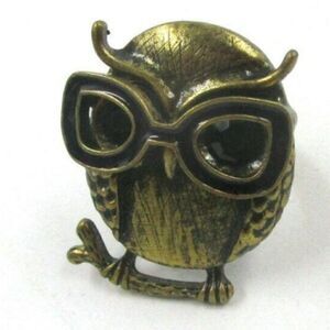 Owl with Black Rhinestone Eyes Brass Ring Size 9